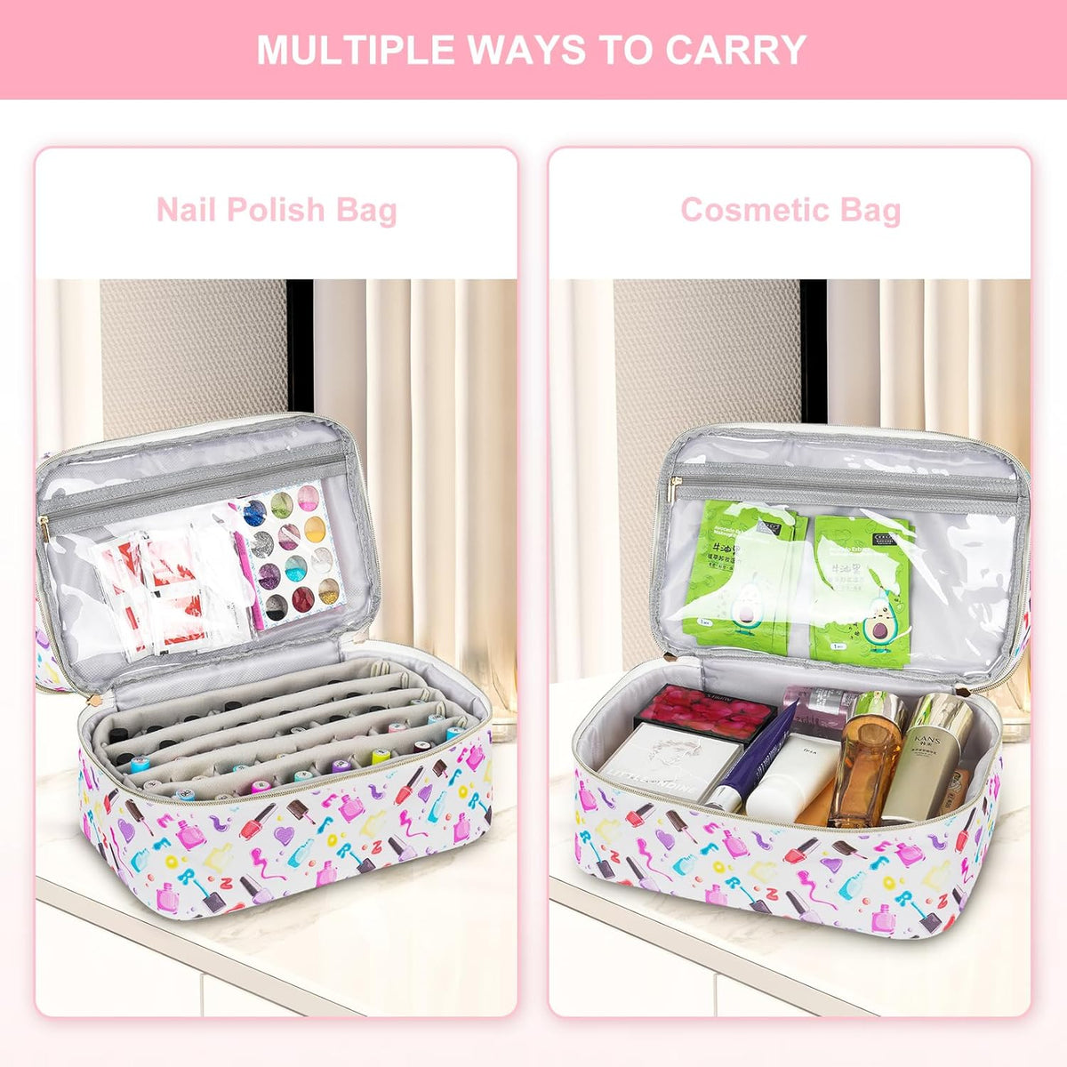 Nail Polish Organizer,Double-Layer Nail Organizers and Storage,Nail Polish Carrying Case for 40 Bottles (15ml-0.5 fl.oz) and Nail Lamp,Portable Nail Polish Holder for Nail Supplies,Mint Green