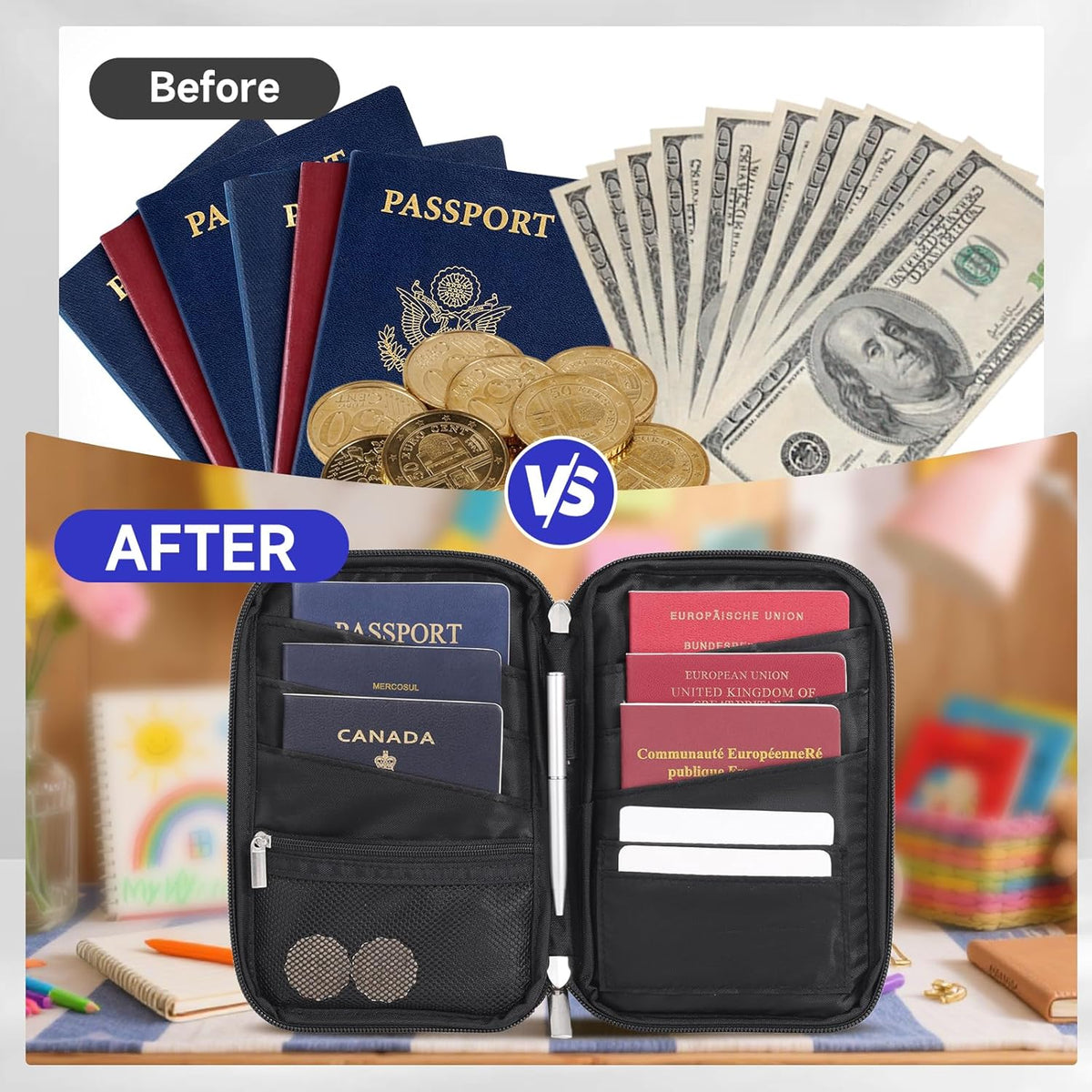 Passport Holder for Travel - RFID Blocking Travel Wallet Essentials Organizer with Card Slots & Zipper Pocket (Women/Men)