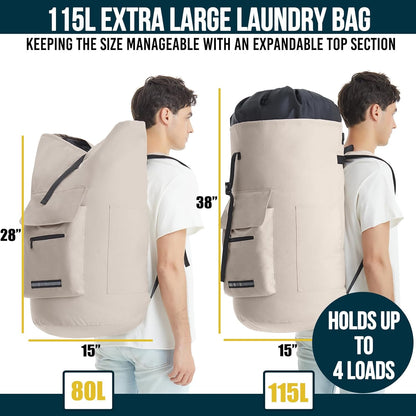 Laundry Bag Extra Large 115L, Laundry Backpack Bag, Laundry Bags Extra Large Heavy Duty, Laundry Bag with Straps, Clothes Hamper Bags with 4 Pockets, College Laundromat Backpack for Dorm Room