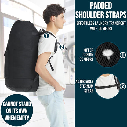 Laundry Bag Extra Large 115L, Laundry Backpack Bag, Laundry Bags Extra Large Heavy Duty, Laundry Bag with Straps, Clothes Hamper Bags with 4 Pockets, College Laundromat Backpack for Dorm Room