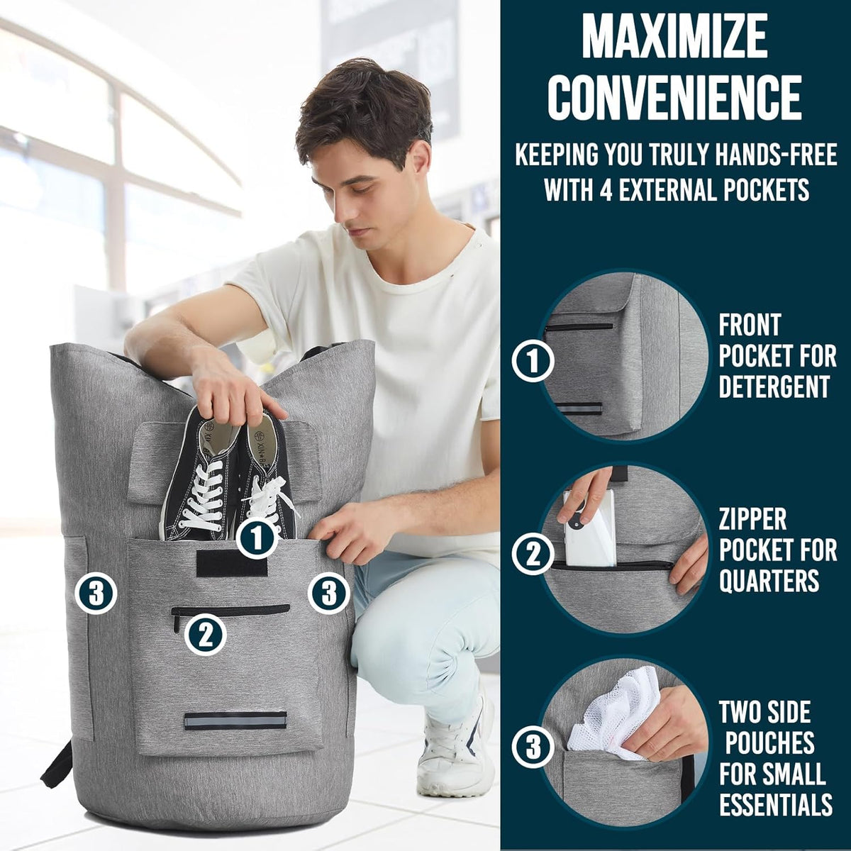 Laundry Bag Extra Large 115L, Laundry Backpack Bag, Laundry Bags Extra Large Heavy Duty, Laundry Bag with Straps, Clothes Hamper Bags with 4 Pockets, College Laundromat Backpack for Dorm Room