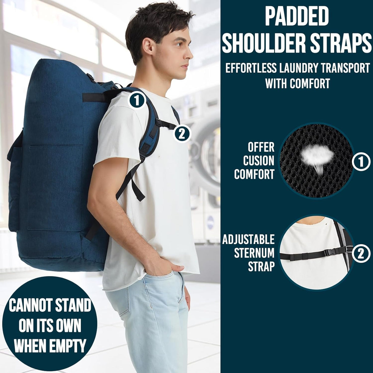 Laundry Bag Extra Large 115L, Laundry Backpack Bag, Laundry Bags Extra Large Heavy Duty, Laundry Bag with Straps, Clothes Hamper Bags with 4 Pockets, College Laundromat Backpack for Dorm Room