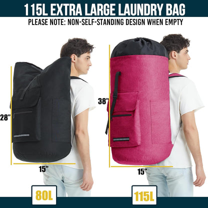 Laundry Bag Extra Large 115L, Laundry Backpack Bag, Laundry Bags Extra Large Heavy Duty, Laundry Bag with Straps, Clothes Hamper Bags with 4 Pockets, College Laundromat Backpack for Dorm Room