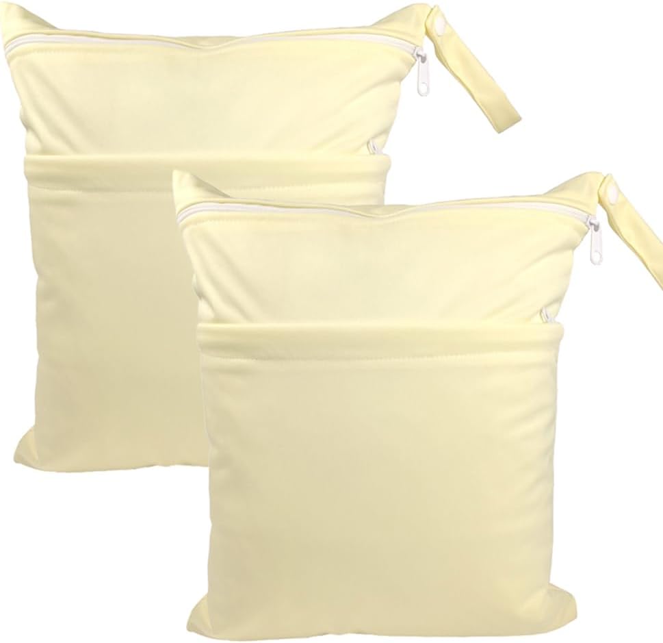 Wet Dry Bags 11.8 × 14.1 in 2 Pack Large Waterproof Diaper Bag with Double Zipper Compartments Reusable Polyester Travel Pouch for Baby Cloth Diapers Swimsuits Yoga Gym (Yellow)