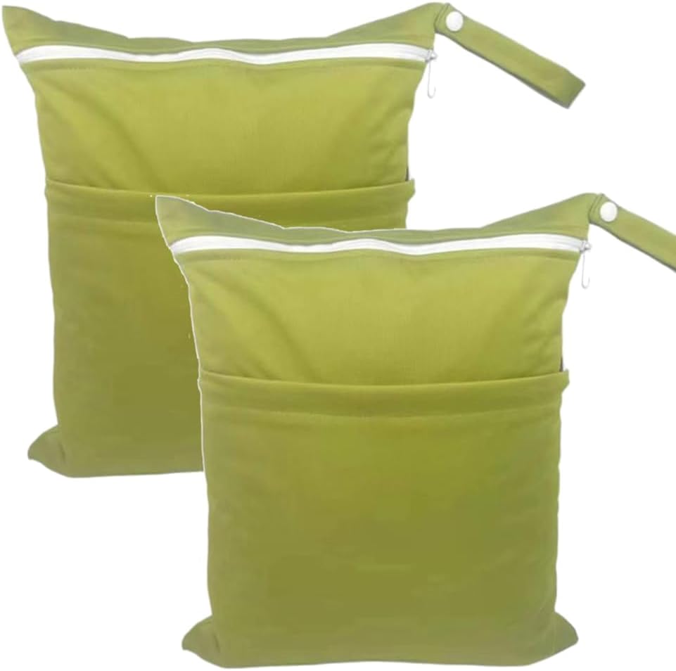 Wet Dry Bags 11.8 × 14.1 in 2 Pack Large Waterproof Diaper Bag with Double Zipper Compartments Reusable Polyester Travel Pouch for Baby Cloth Diapers Swimsuits Yoga Gym (Yellow)