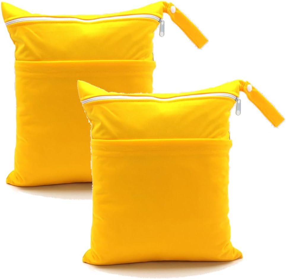Wet Dry Bags 11.8 × 14.1 in 2 Pack Large Waterproof Diaper Bag with Double Zipper Compartments Reusable Polyester Travel Pouch for Baby Cloth Diapers Swimsuits Yoga Gym (Yellow)