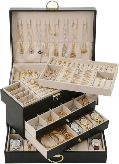 Large Jewelry Box Organizer for Women, 3 Layer PU Leather Jewelry Lockbox with Drawers, Travel Jewelry Case for Rings, Earrings, Necklaces, Bracelets & Accessories (Green)