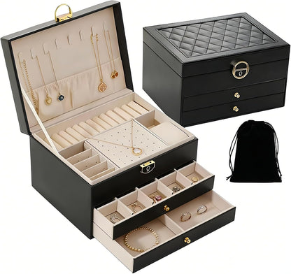 Large Jewelry Box Organizer for Women, 3 Layer PU Leather Jewelry Lockbox with Drawers, Travel Jewelry Case for Rings, Earrings, Necklaces, Bracelets & Accessories (Green)