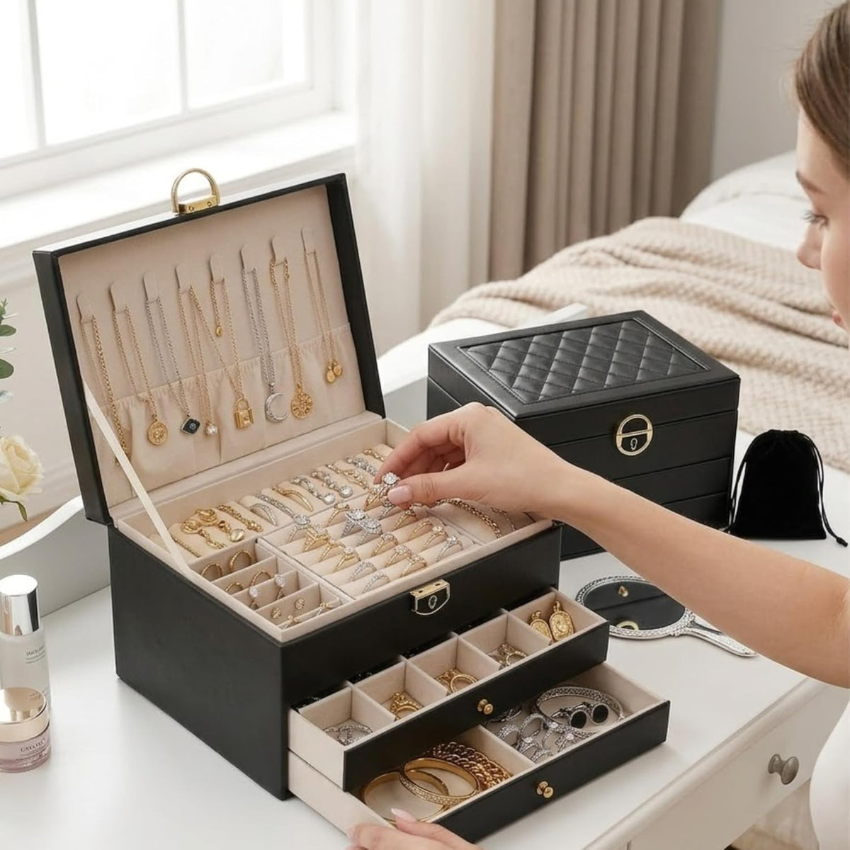 Large Jewelry Box Organizer for Women, 3 Layer PU Leather Jewelry Lockbox with Drawers, Travel Jewelry Case for Rings, Earrings, Necklaces, Bracelets & Accessories (Green)