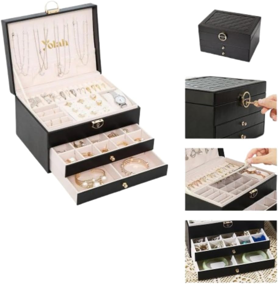 Large Jewelry Box Organizer for Women, 3 Layer PU Leather Jewelry Lockbox with Drawers, Travel Jewelry Case for Rings, Earrings, Necklaces, Bracelets & Accessories (Green)