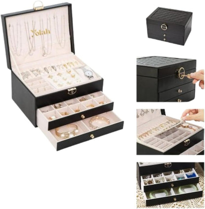 Large Jewelry Box Organizer for Women, 3 Layer PU Leather Jewelry Lockbox with Drawers, Travel Jewelry Case for Rings, Earrings, Necklaces, Bracelets & Accessories (Green)