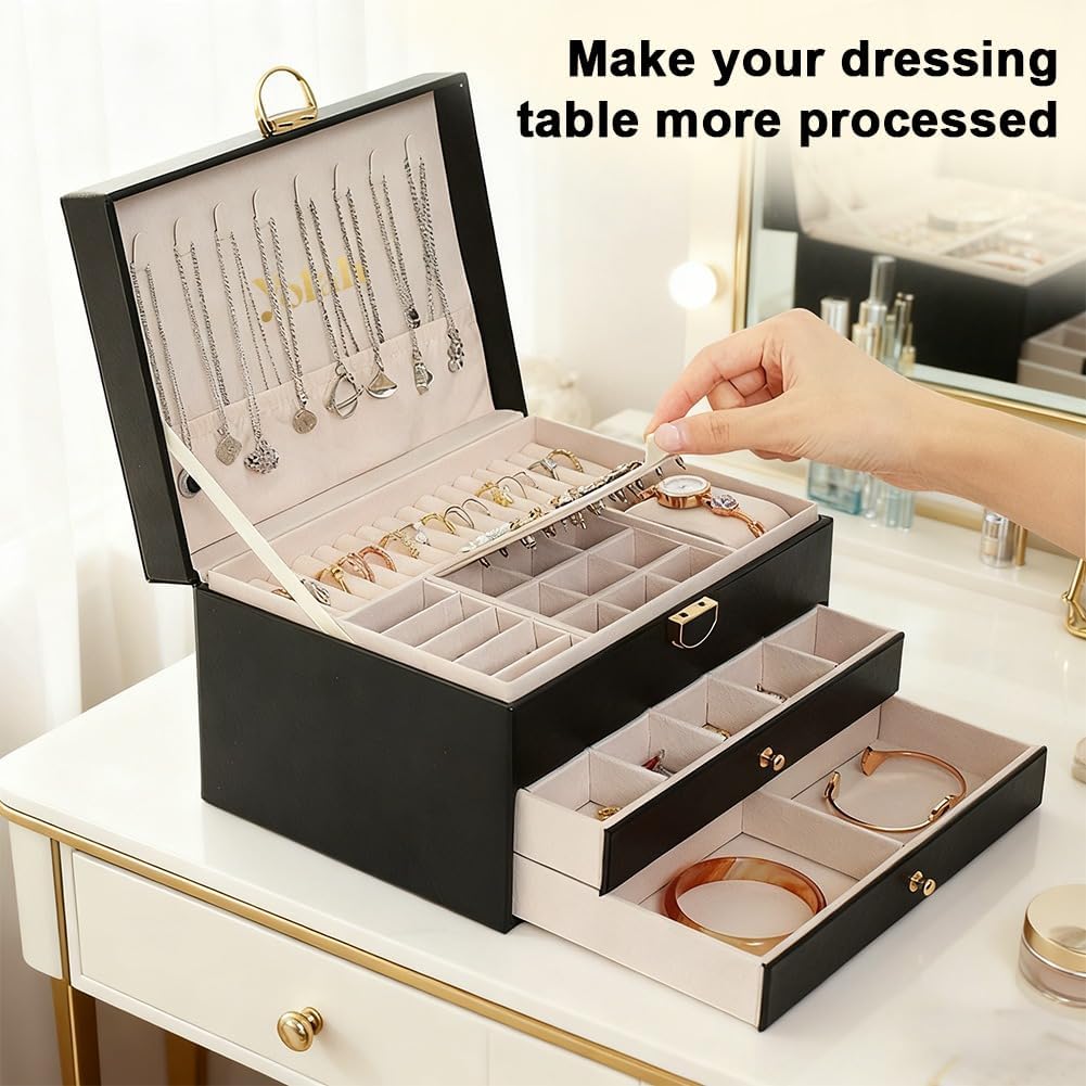 Large Jewelry Box Organizer for Women, 3 Layer PU Leather Jewelry Lockbox with Drawers, Travel Jewelry Case for Rings, Earrings, Necklaces, Bracelets & Accessories (Green)