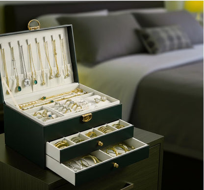 Large Jewelry Box Organizer for Women, 3 Layer PU Leather Jewelry Lockbox with Drawers, Travel Jewelry Case for Rings, Earrings, Necklaces, Bracelets & Accessories (Green)