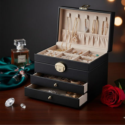 Large Jewelry Box Organizer for Women, 3 Layer PU Leather Jewelry Lockbox with Drawers, Travel Jewelry Case for Rings, Earrings, Necklaces, Bracelets & Accessories (Green)