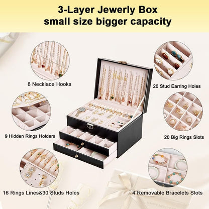 Large Jewelry Box Organizer for Women, 3 Layer PU Leather Jewelry Lockbox with Drawers, Travel Jewelry Case for Rings, Earrings, Necklaces, Bracelets & Accessories (Green)