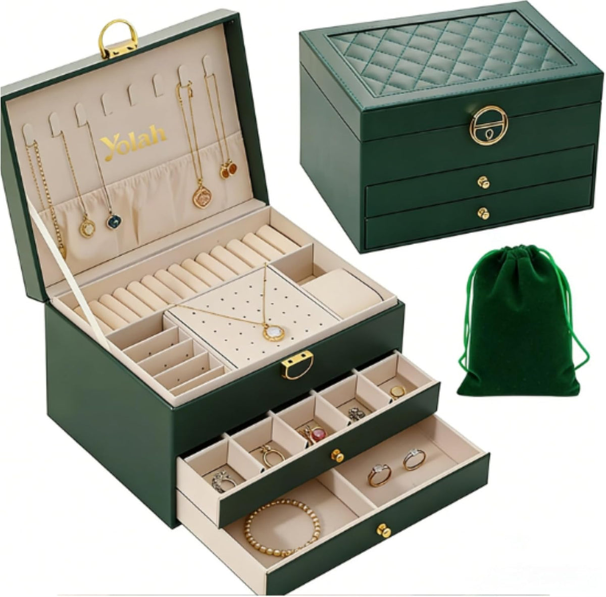 Large Jewelry Box Organizer for Women, 3 Layer PU Leather Jewelry Lockbox with Drawers, Travel Jewelry Case for Rings, Earrings, Necklaces, Bracelets & Accessories (Green)