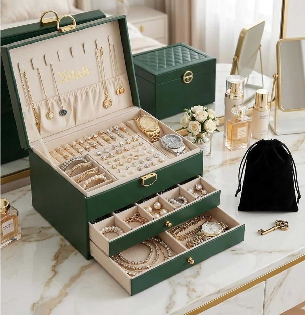 Large Jewelry Box Organizer for Women, 3 Layer PU Leather Jewelry Lockbox with Drawers, Travel Jewelry Case for Rings, Earrings, Necklaces, Bracelets & Accessories (Green)