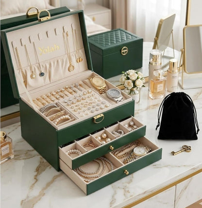 Large Jewelry Box Organizer for Women, 3 Layer PU Leather Jewelry Lockbox with Drawers, Travel Jewelry Case for Rings, Earrings, Necklaces, Bracelets & Accessories (Green)