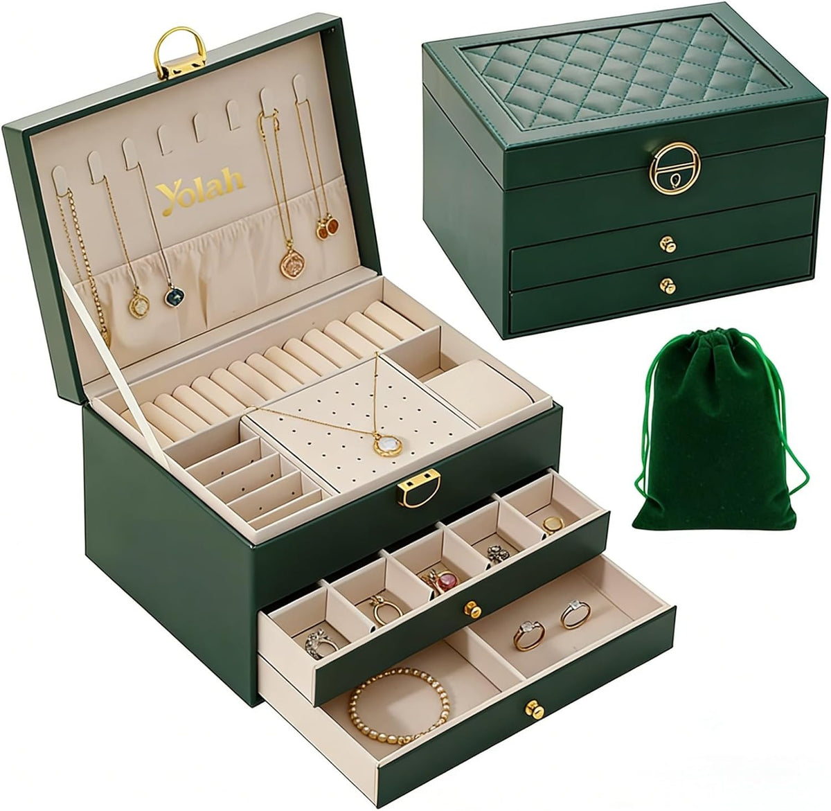 Large Jewelry Box Organizer for Women, 3 Layer PU Leather Jewelry Lockbox with Drawers, Travel Jewelry Case for Rings, Earrings, Necklaces, Bracelets & Accessories (Green)