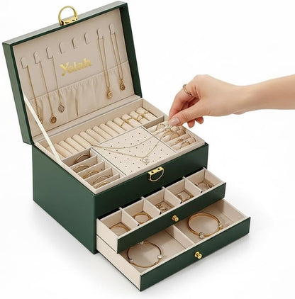 Large Jewelry Box Organizer for Women, 3 Layer PU Leather Jewelry Lockbox with Drawers, Travel Jewelry Case for Rings, Earrings, Necklaces, Bracelets & Accessories (Green)