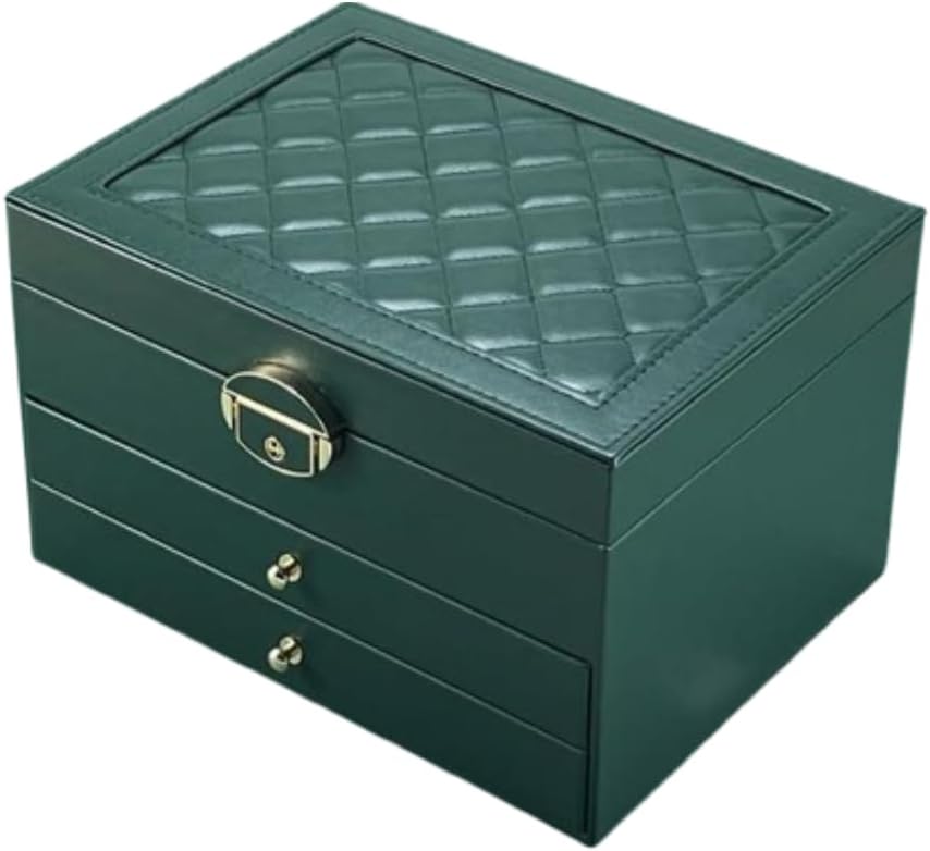 Large Jewelry Box Organizer for Women, 3 Layer PU Leather Jewelry Lockbox with Drawers, Travel Jewelry Case for Rings, Earrings, Necklaces, Bracelets & Accessories (Green)