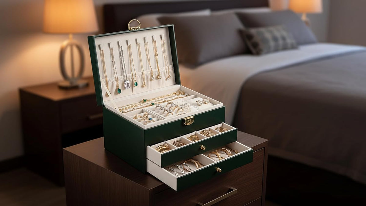 Large Jewelry Box Organizer for Women, 3 Layer PU Leather Jewelry Lockbox with Drawers, Travel Jewelry Case for Rings, Earrings, Necklaces, Bracelets & Accessories (Green)