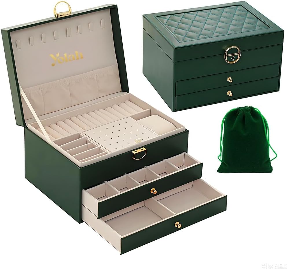 Large Jewelry Box Organizer for Women, 3 Layer PU Leather Jewelry Lockbox with Drawers, Travel Jewelry Case for Rings, Earrings, Necklaces, Bracelets & Accessories (Green)