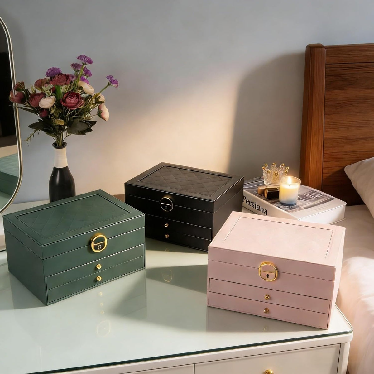 Large Jewelry Box Organizer for Women, 3 Layer PU Leather Jewelry Lockbox with Drawers, Travel Jewelry Case for Rings, Earrings, Necklaces, Bracelets & Accessories (Green)