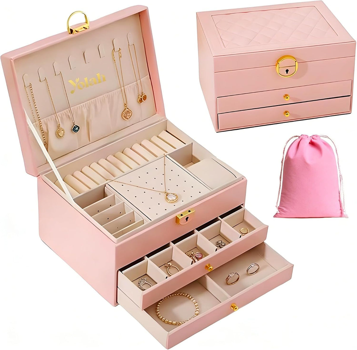 Large Jewelry Box Organizer for Women, 3 Layer PU Leather Jewelry Lockbox with Drawers, Travel Jewelry Case for Rings, Earrings, Necklaces, Bracelets & Accessories (Green)