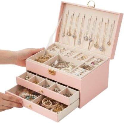 Large Jewelry Box Organizer for Women, 3 Layer PU Leather Jewelry Lockbox with Drawers, Travel Jewelry Case for Rings, Earrings, Necklaces, Bracelets & Accessories (Green)