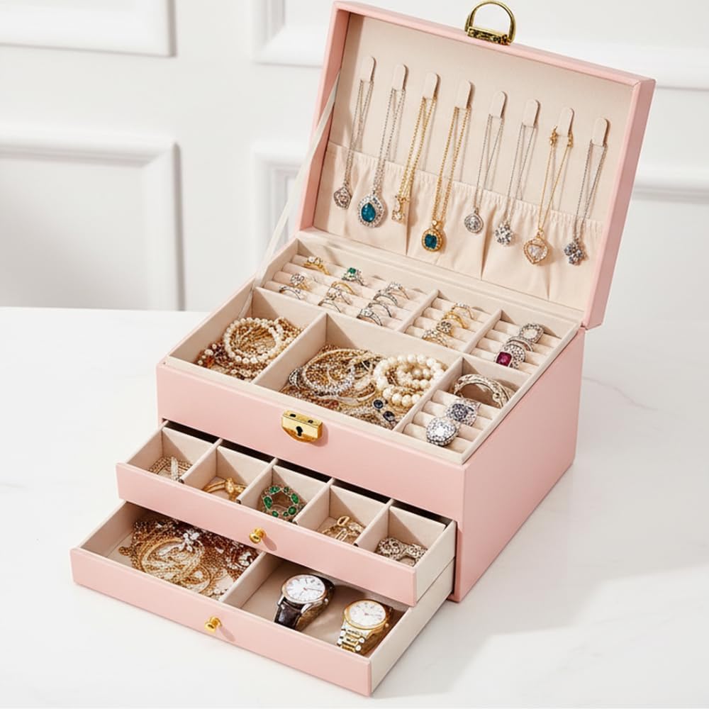 Large Jewelry Box Organizer for Women, 3 Layer PU Leather Jewelry Lockbox with Drawers, Travel Jewelry Case for Rings, Earrings, Necklaces, Bracelets & Accessories (Green)
