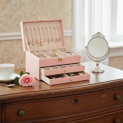 Large Jewelry Box Organizer for Women, 3 Layer PU Leather Jewelry Lockbox with Drawers, Travel Jewelry Case for Rings, Earrings, Necklaces, Bracelets & Accessories (Green)