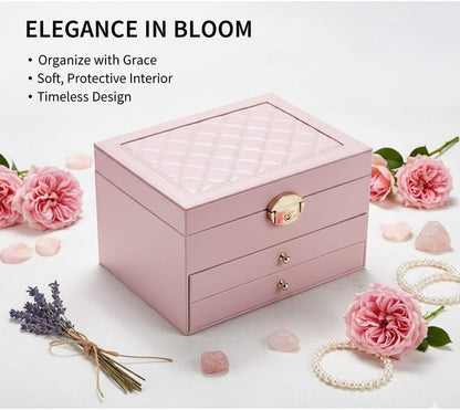 Large Jewelry Box Organizer for Women, 3 Layer PU Leather Jewelry Lockbox with Drawers, Travel Jewelry Case for Rings, Earrings, Necklaces, Bracelets & Accessories (Green)