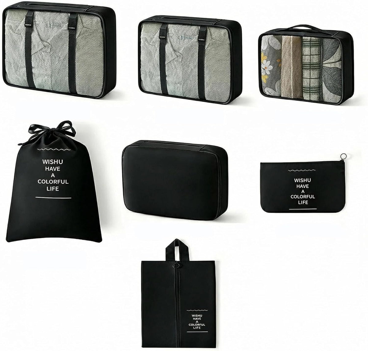 7 Set Compression Packing Cubes for Travel Essentials,Compressible Expandable Large Luggage Suitcase Organizer Bags for Clothing,Durable Space Saver Storage Bags with Toiletry Bags (Black)