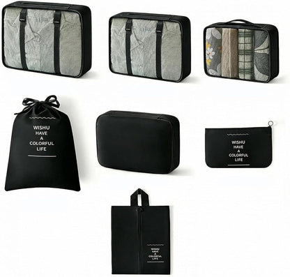 7 Set Compression Packing Cubes for Travel Essentials,Compressible Expandable Large Luggage Suitcase Organizer Bags for Clothing,Durable Space Saver Storage Bags with Toiletry Bags (Black)