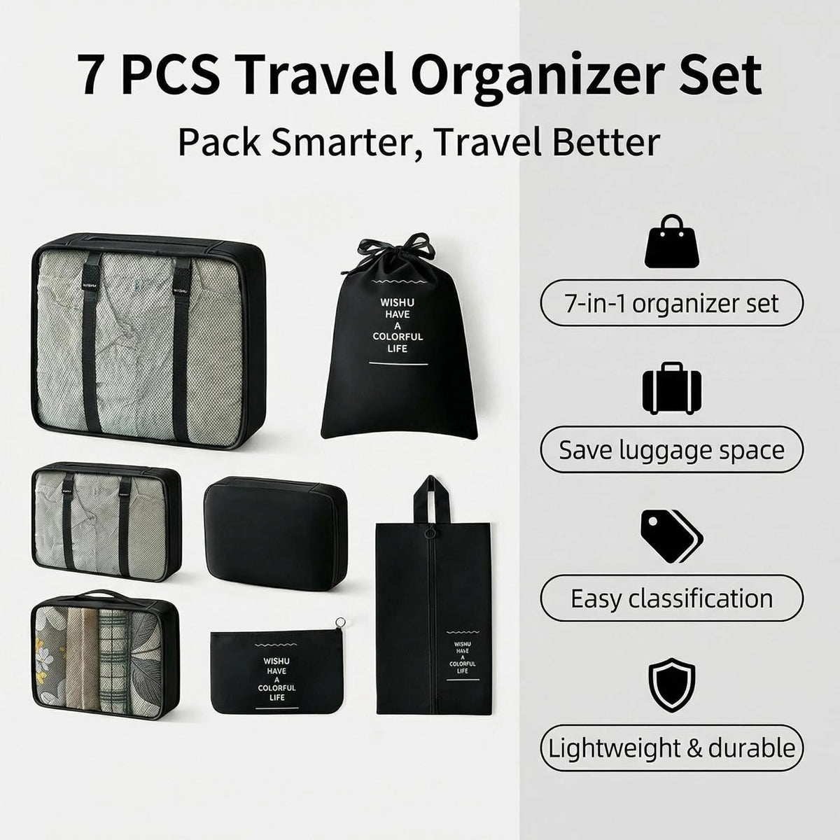 7 Set Compression Packing Cubes for Travel Essentials,Compressible Expandable Large Luggage Suitcase Organizer Bags for Clothing,Durable Space Saver Storage Bags with Toiletry Bags (Black)