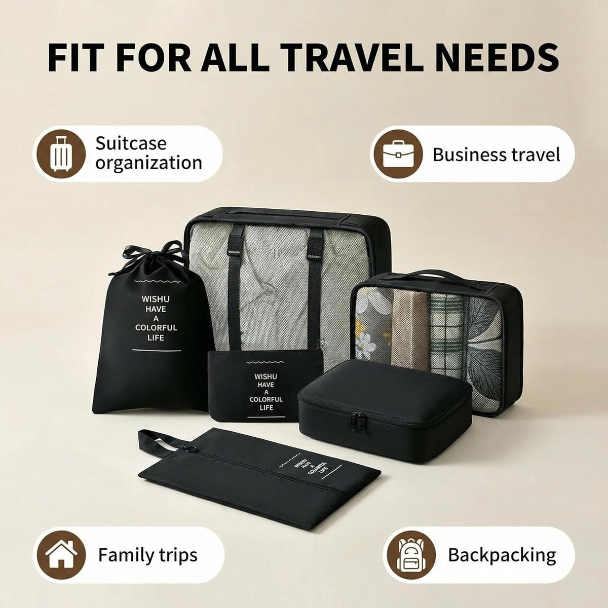 7 Set Compression Packing Cubes for Travel Essentials,Compressible Expandable Large Luggage Suitcase Organizer Bags for Clothing,Durable Space Saver Storage Bags with Toiletry Bags (Black)
