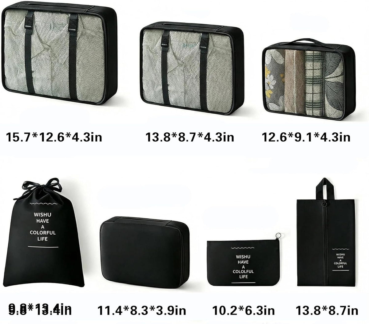 7 Set Compression Packing Cubes for Travel Essentials,Compressible Expandable Large Luggage Suitcase Organizer Bags for Clothing,Durable Space Saver Storage Bags with Toiletry Bags (Black)