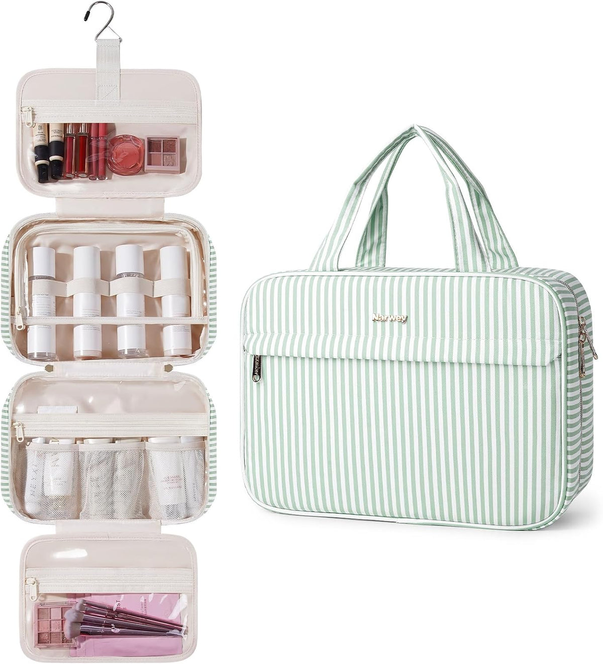 Hanging Toiletry Bag for Women Checkered Travel Makeup Bag Cosmetic Make Up Organizer Toiletries Bag for Travel Essentials Accessories (Mint Green Checkerboard, Medium)