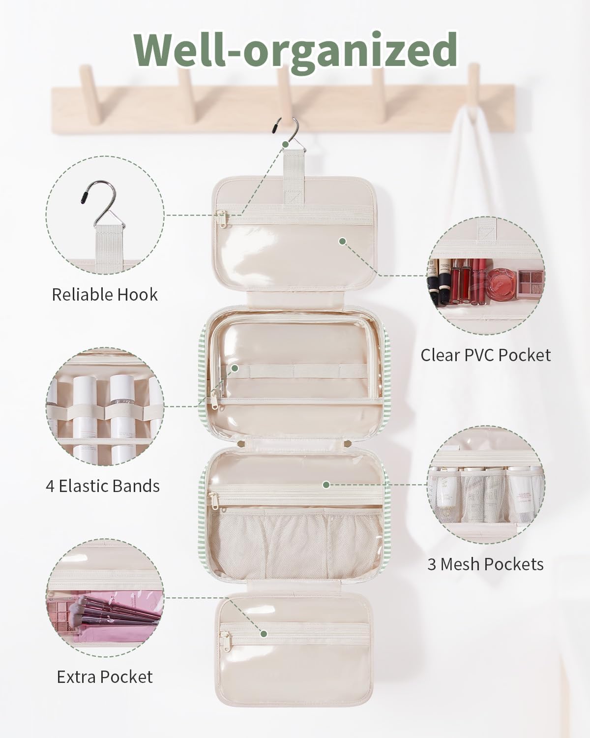 Hanging Toiletry Bag for Women Checkered Travel Makeup Bag Cosmetic Make Up Organizer Toiletries Bag for Travel Essentials Accessories (Mint Green Checkerboard, Medium)