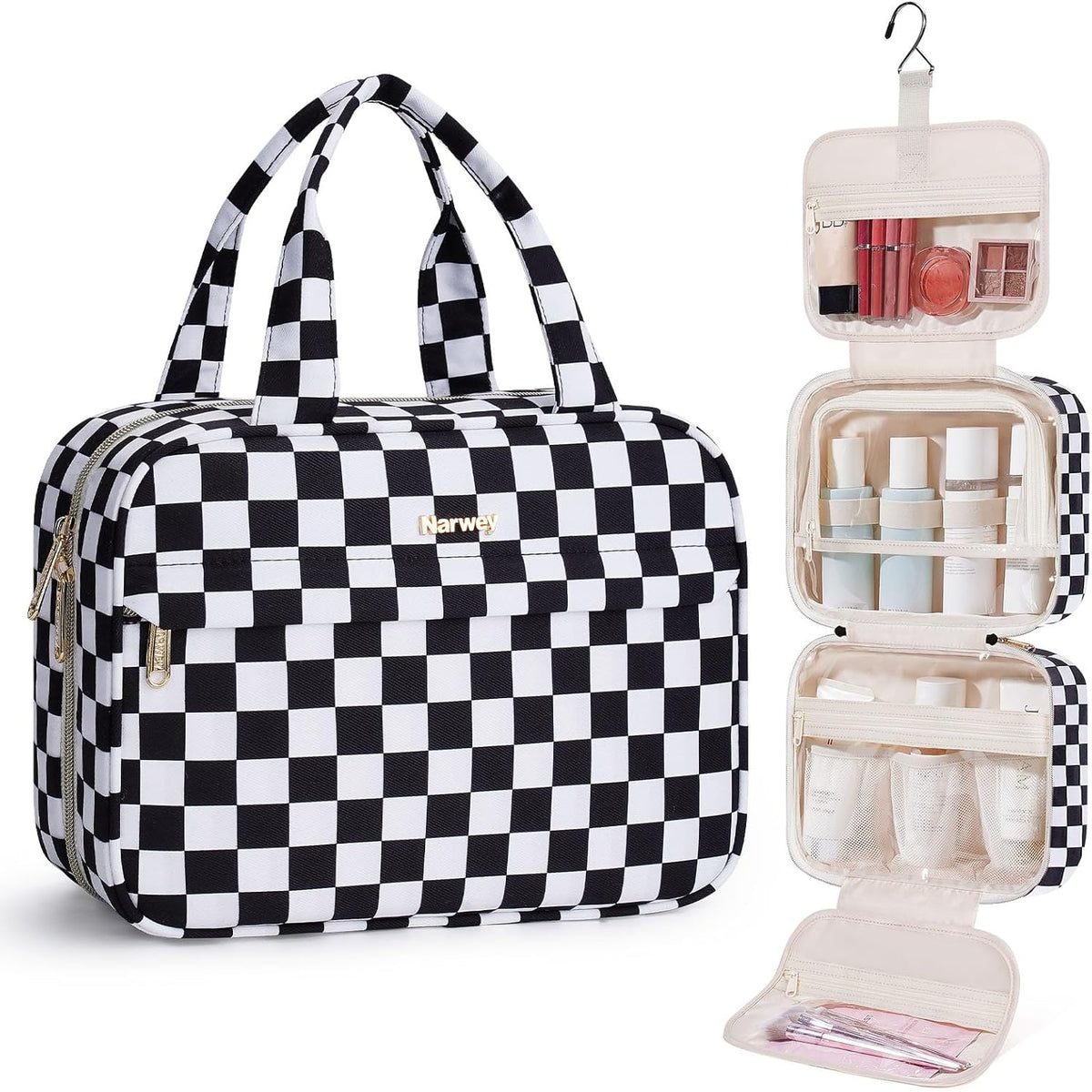 Hanging Toiletry Bag for Women Checkered Travel Makeup Bag Cosmetic Make Up Organizer Toiletries Bag for Travel Essentials Accessories (Mint Green Checkerboard, Medium)
