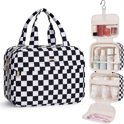 Hanging Toiletry Bag for Women Checkered Travel Makeup Bag Cosmetic Make Up Organizer Toiletries Bag for Travel Essentials Accessories (Mint Green Checkerboard, Medium)