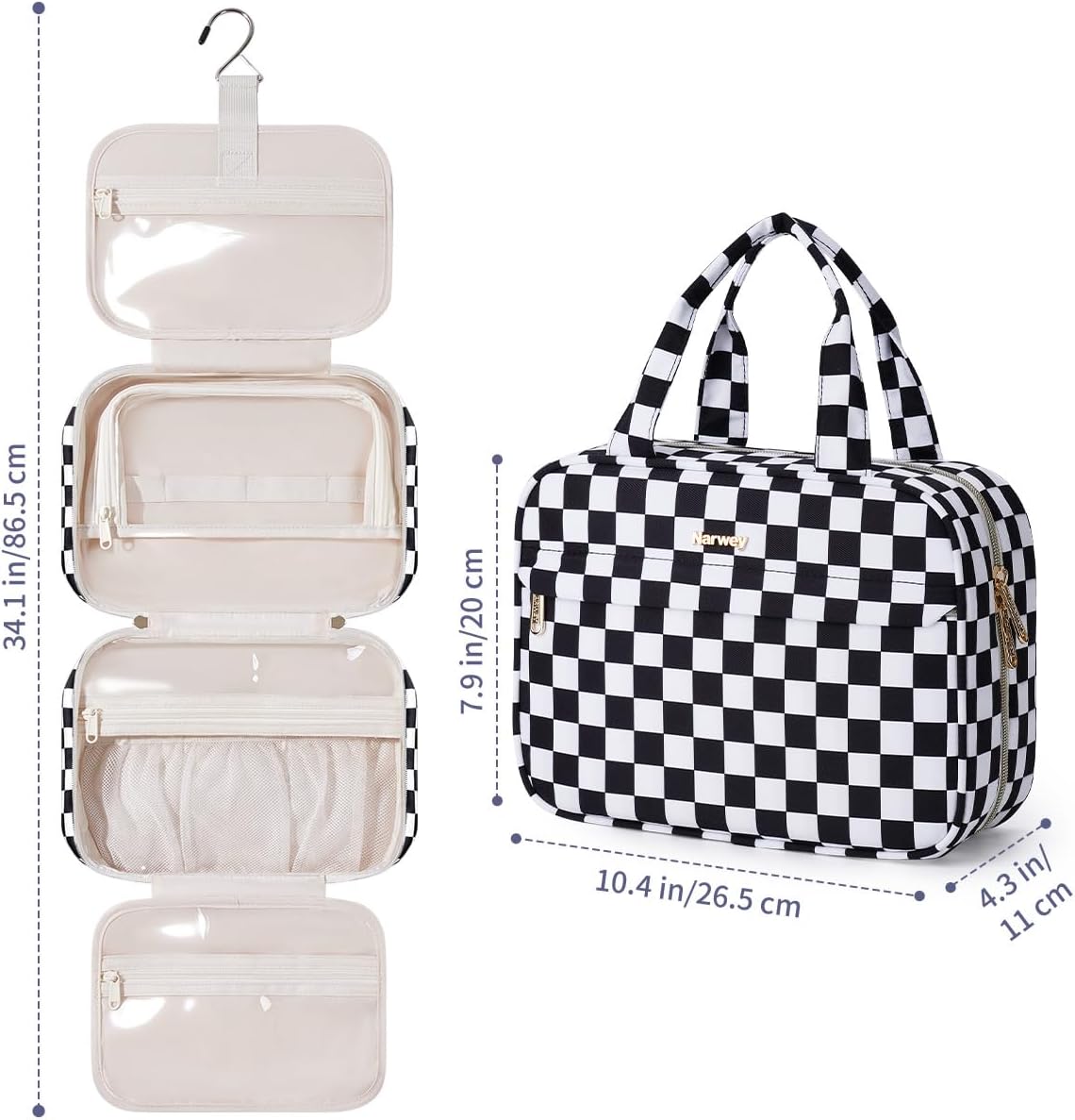 Hanging Toiletry Bag for Women Checkered Travel Makeup Bag Cosmetic Make Up Organizer Toiletries Bag for Travel Essentials Accessories (Mint Green Checkerboard, Medium)