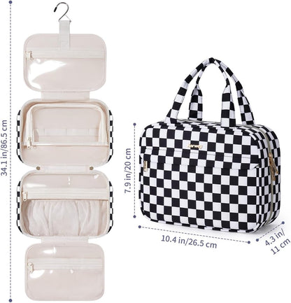 Hanging Toiletry Bag for Women Checkered Travel Makeup Bag Cosmetic Make Up Organizer Toiletries Bag for Travel Essentials Accessories (Mint Green Checkerboard, Medium)
