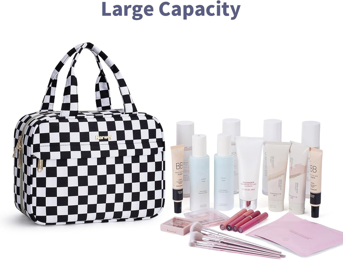 Hanging Toiletry Bag for Women Checkered Travel Makeup Bag Cosmetic Make Up Organizer Toiletries Bag for Travel Essentials Accessories (Mint Green Checkerboard, Medium)
