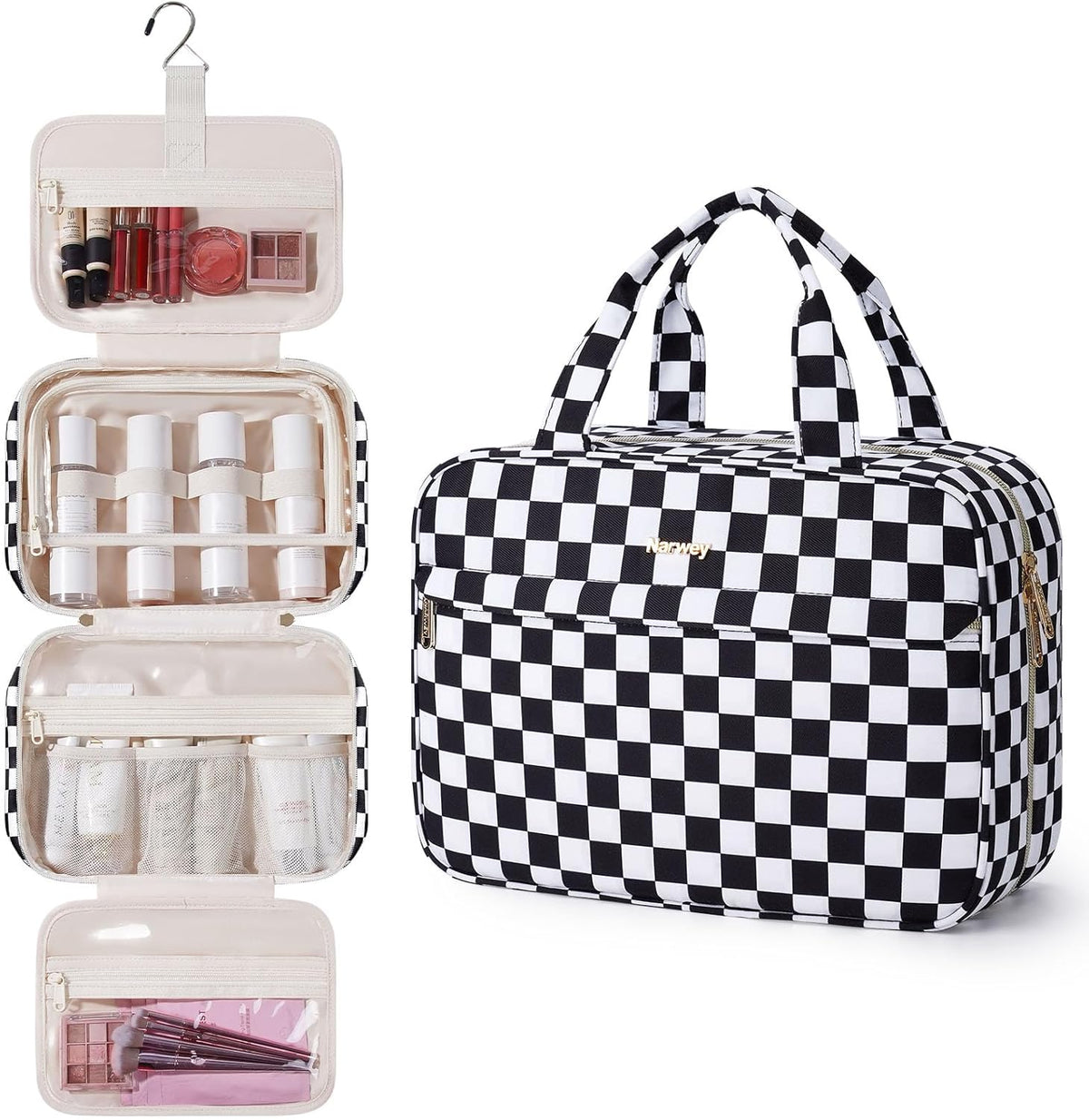 Hanging Toiletry Bag for Women Checkered Travel Makeup Bag Cosmetic Make Up Organizer Toiletries Bag for Travel Essentials Accessories (Mint Green Checkerboard, Medium)