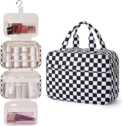 Hanging Toiletry Bag for Women Checkered Travel Makeup Bag Cosmetic Make Up Organizer Toiletries Bag for Travel Essentials Accessories (Mint Green Checkerboard, Medium)