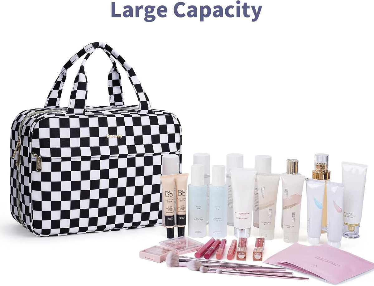 Hanging Toiletry Bag for Women Checkered Travel Makeup Bag Cosmetic Make Up Organizer Toiletries Bag for Travel Essentials Accessories (Mint Green Checkerboard, Medium)
