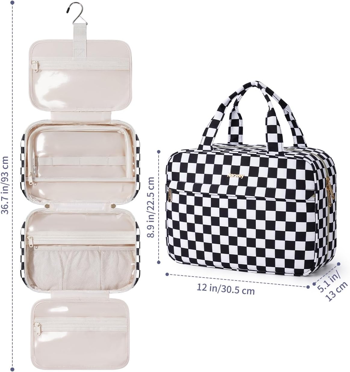 Hanging Toiletry Bag for Women Checkered Travel Makeup Bag Cosmetic Make Up Organizer Toiletries Bag for Travel Essentials Accessories (Mint Green Checkerboard, Medium)