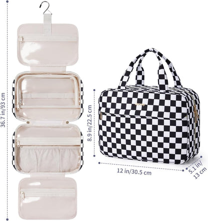Hanging Toiletry Bag for Women Checkered Travel Makeup Bag Cosmetic Make Up Organizer Toiletries Bag for Travel Essentials Accessories (Mint Green Checkerboard, Medium)